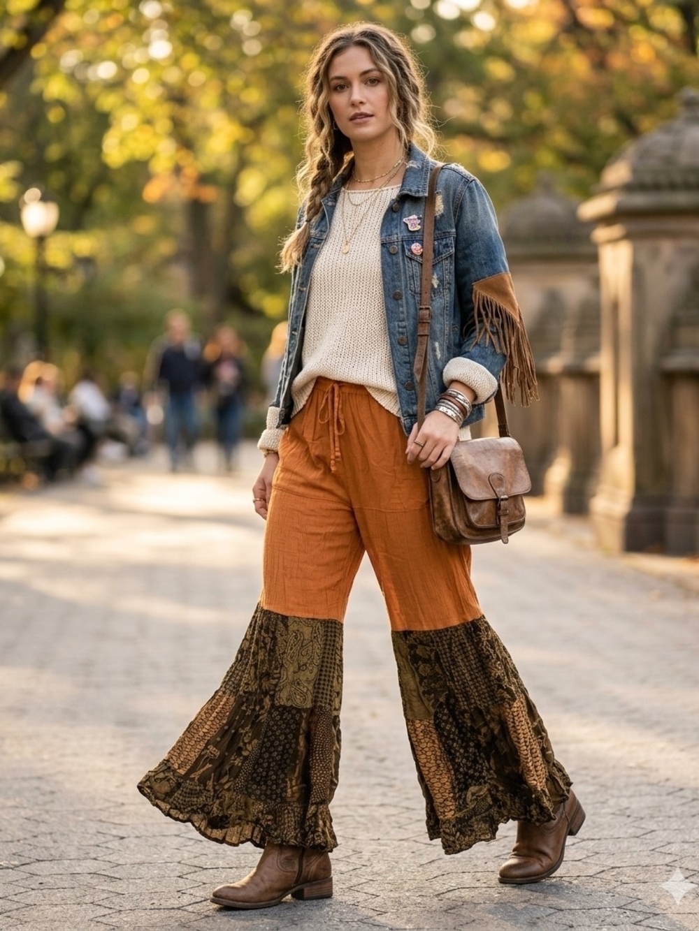 Xl Young Tbreads Bohemian Wide-Leg Patchwork Pants in Rust